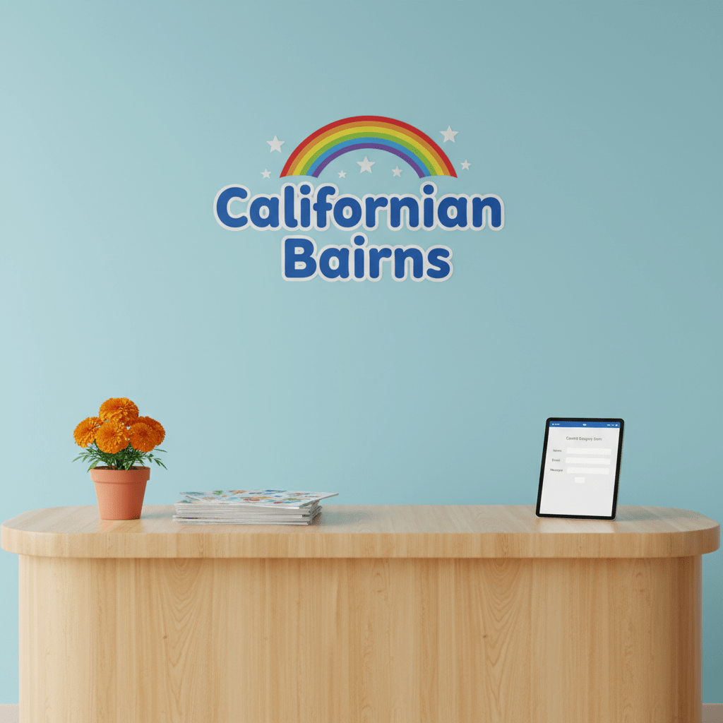 A tidy admissions and enquiry desk scene for a preschool, designed in friendly digital art with no people. A light maple reception counter with rounded corners sits in the foreground, its surface holding a small pot of bright marigolds, a colorful stack of prospectuses featuring playful icons, and a sleek tablet showing a simple enquiry form. Behind the counter, a wall painted in soft sky blue displays a large, stylized logo of “Californian Bairns” with a rainbow and tiny stars, rendered in flat, vibrant colors. Soft, even indoor lighting creates minimal shadows and a professional yet warm feel. The mood is reassuring and organized. Composed with the desk occupying the lower third of the frame and the logo centered above, the image feels balanced and ideal for an admissions or contact page.