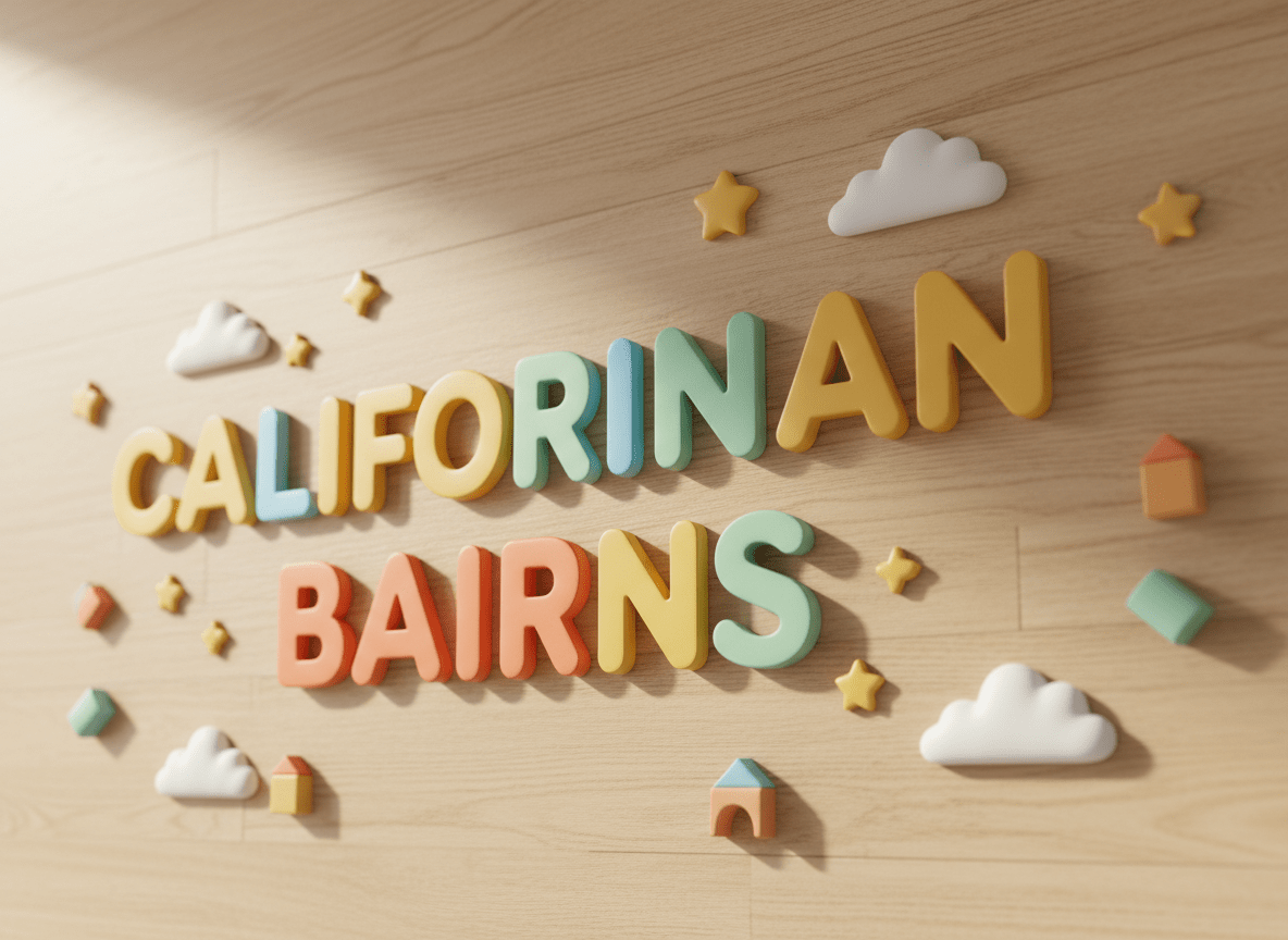 A cheerful entrance sign for a modern preschool called “Californian Bairns,” designed as chunky, colorful 3D wooden letters with smooth, rounded edges and a soft satin finish, each letter painted in warm yellows, sky blues, coral oranges, and mint greens. The sign is mounted on a light oak wall with subtle grain, surrounded by stylized digital-art illustrations of tiny stars, clouds, and building blocks. Soft, diffused morning light washes over the scene from above, creating gentle shadows that emphasize the depth of the letters. The mood is playful and welcoming, with a clean, contemporary feel. Composed at eye level with a slight angle, the background softly blurred to keep the text clear and inviting, perfect as a hero image for a preschool website.