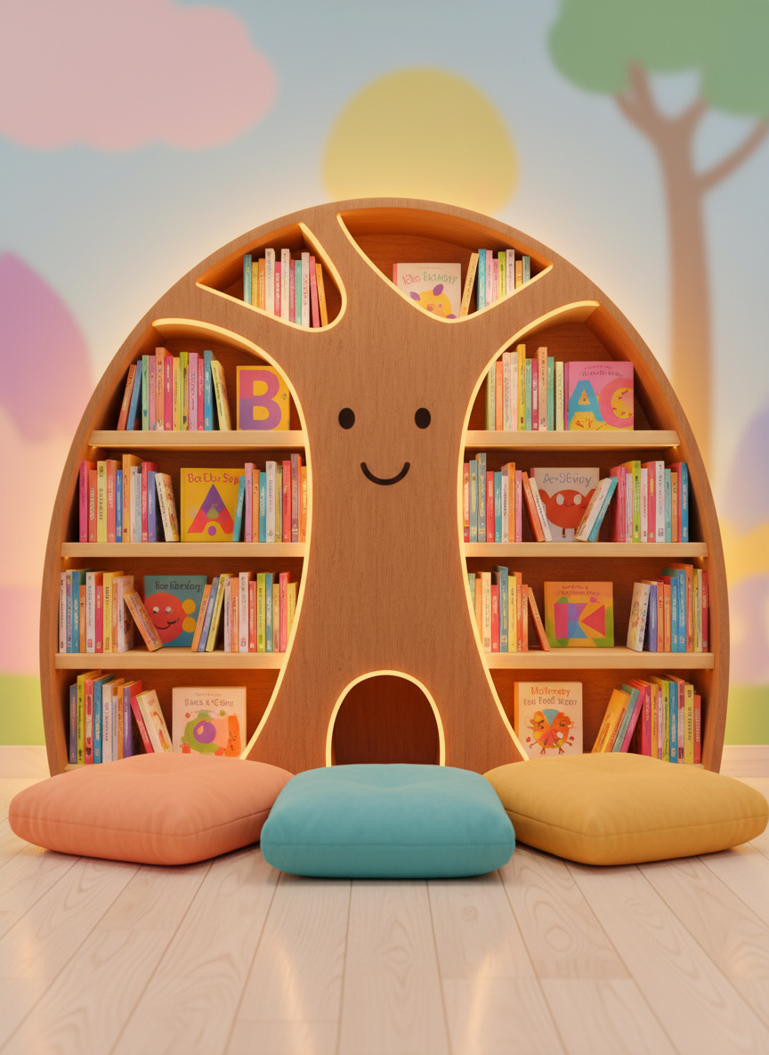 A cozy reading nook in a preschool, rendered in vibrant digital art, featuring a semi-circular built-in bookshelf shaped like a friendly, simplified tree trunk with smooth bark texture and softly glowing edges. The shelves are filled with brightly colored storybooks, their spines illustrated with animals, shapes, and letters. In front of the shelf, oversized, plush floor cushions in California sunset tones—peach, turquoise, and soft gold—rest on a pale wooden floor. Warm, golden-hour style indoor lighting from a hidden source above casts a gentle halo around the tree bookshelf, enhancing its magical feel. The atmosphere is calming and safe, encouraging quiet exploration. The composition is centered, shot at child’s-eye level, with shallow depth of field slightly blurring the distant walls, ideal for showcasing the preschool’s reading culture.