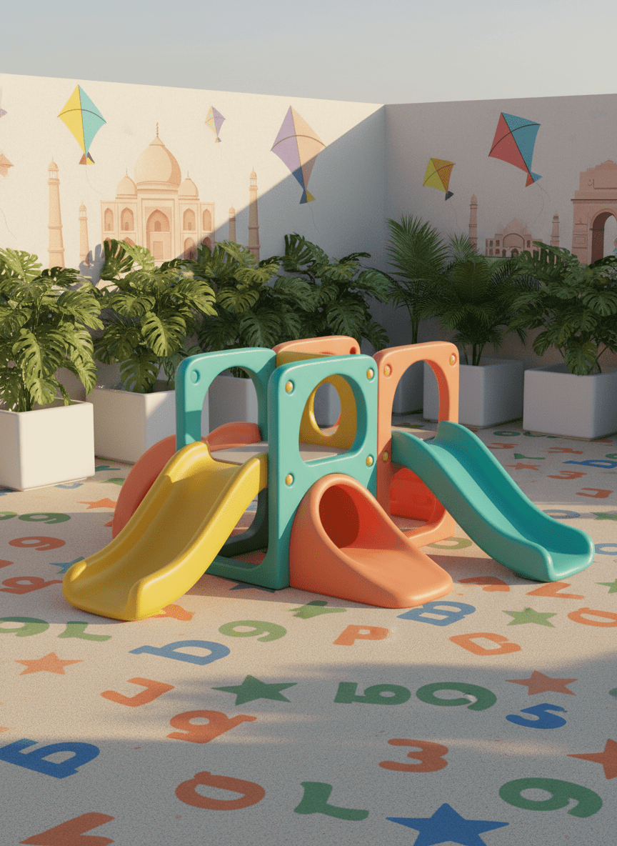 A playful outdoor play area in Meerut, India, shown in clean, colorful digital art, with no children present. The main subject is a modern, low-height play structure made of smooth, rounded plastic in bright teal, sunny yellow, and coral, featuring miniature slides, tunnels, and climbing bumps sized for preschoolers. Surrounding it is a soft, rubberized safety floor patterned with giant letters, numbers, and stars. Along the boundary, potted tropical plants in square white planters add greenery against a simple boundary wall painted with a mural of kites and Indian monuments in pastel tones. Soft late-afternoon sunlight casts long, gentle shadows and a warm glow, creating a joyful yet secure mood. Captured from a slightly low angle to make the structures feel inviting and adventurous, with crisp focus across the scene.