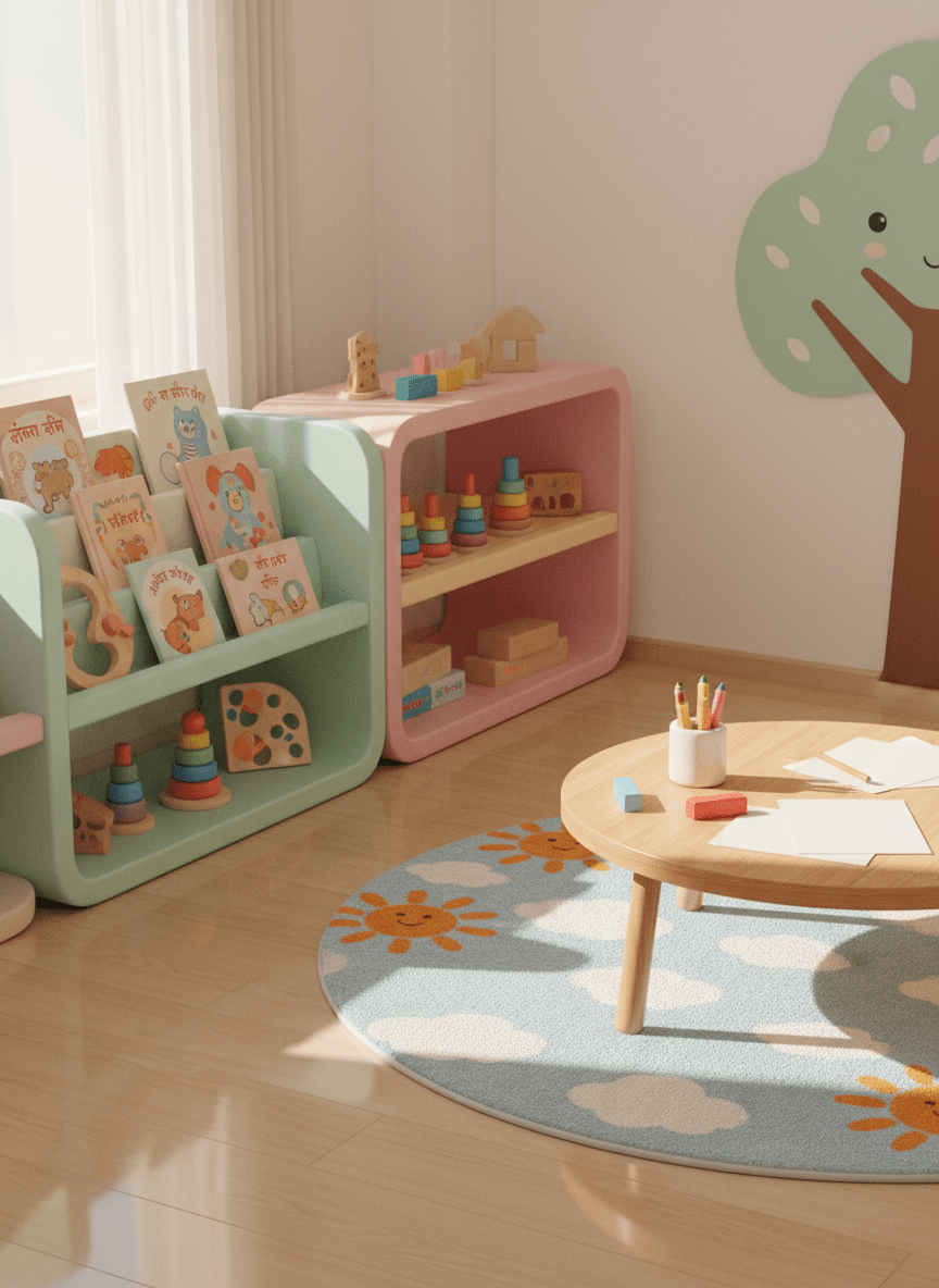 A bright, digital-art classroom corner focused entirely on miniature furniture and learning materials: low, pastel-colored wooden shelves filled with neatly arranged picture books, chunky puzzles, and stacking rings, all rendered with smooth, rounded forms and soft textures. A small circular rug patterned with friendly suns and clouds anchors the scene, with a low table displaying oversized crayons and blank drawing sheets. Warm, indirect daylight filters through an unseen window, creating a cozy glow and gentle reflections on the polished floor. The atmosphere is safe, nurturing, and curious. Shot from a slightly elevated, wide-angle perspective with sharp focus, the composition follows the rule of thirds, emphasizing order, cleanliness, and playful discovery in a modern Indian preschool environment.